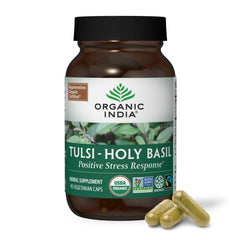 Organic India Tulsi 90-capsule bottle close-up for stress support.