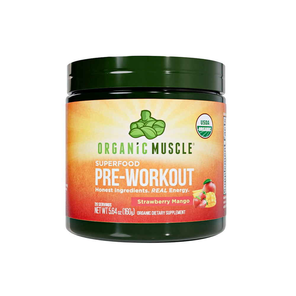 Organic Muscle preworkout bottle with strawberry mango flavor for clean energy