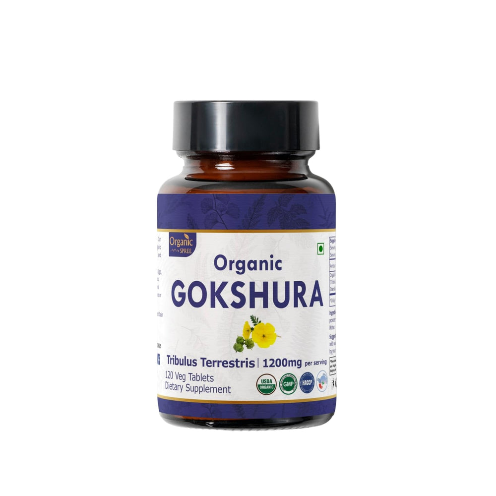 Organic Spree Gokshura tablets front view with organic seal.