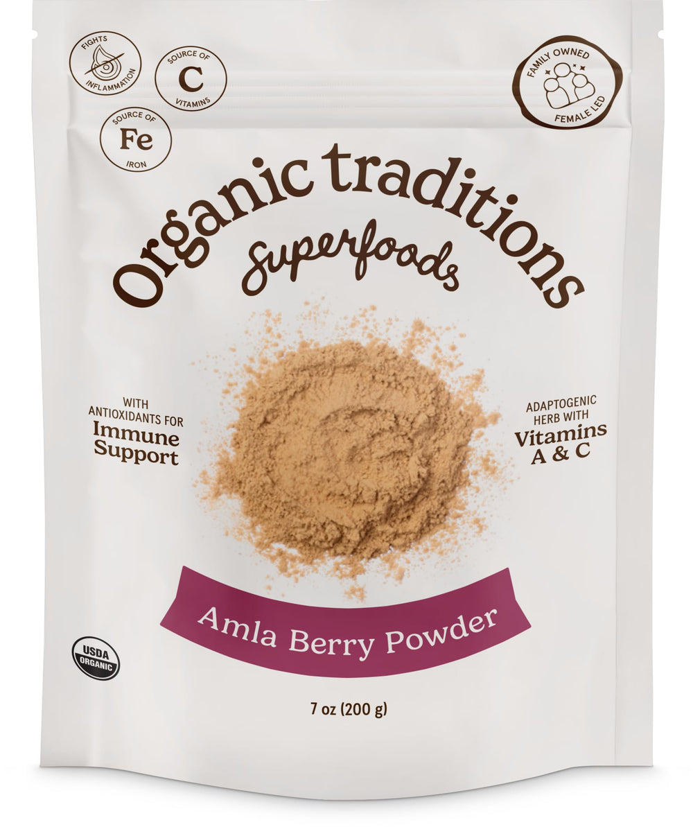 Organic Traditions Amla Berry Powder bag ready for smoothies and desserts.
