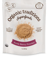 Organic Traditions Amla Berry Powder bag ready for smoothies and desserts.