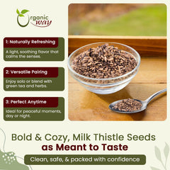 Close-up of Organic Way Milk Thistle Seeds showing texture and premium quality.