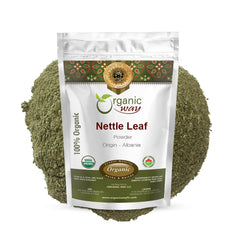 Organic Way Nettle Leaf Powder bottle showcases premium herb for versatile cooking.