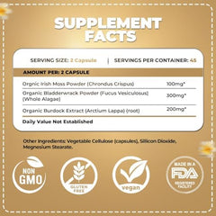 Organics Nature sea moss capsules close-up showing vegan capsules