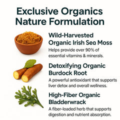 Organics Nature sea moss label packaging highlighting Dr. Sebi approved sea moss