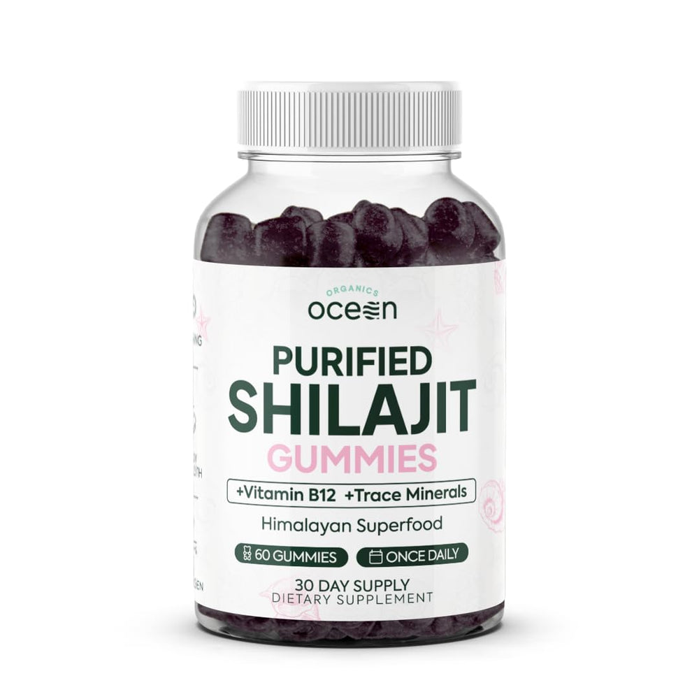 Organics Ocean Shilajit Gummies bottle shows premium Himalayan extract for natural energy support