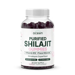 Organics Ocean Shilajit Gummies bottle shows premium Himalayan extract for natural energy support