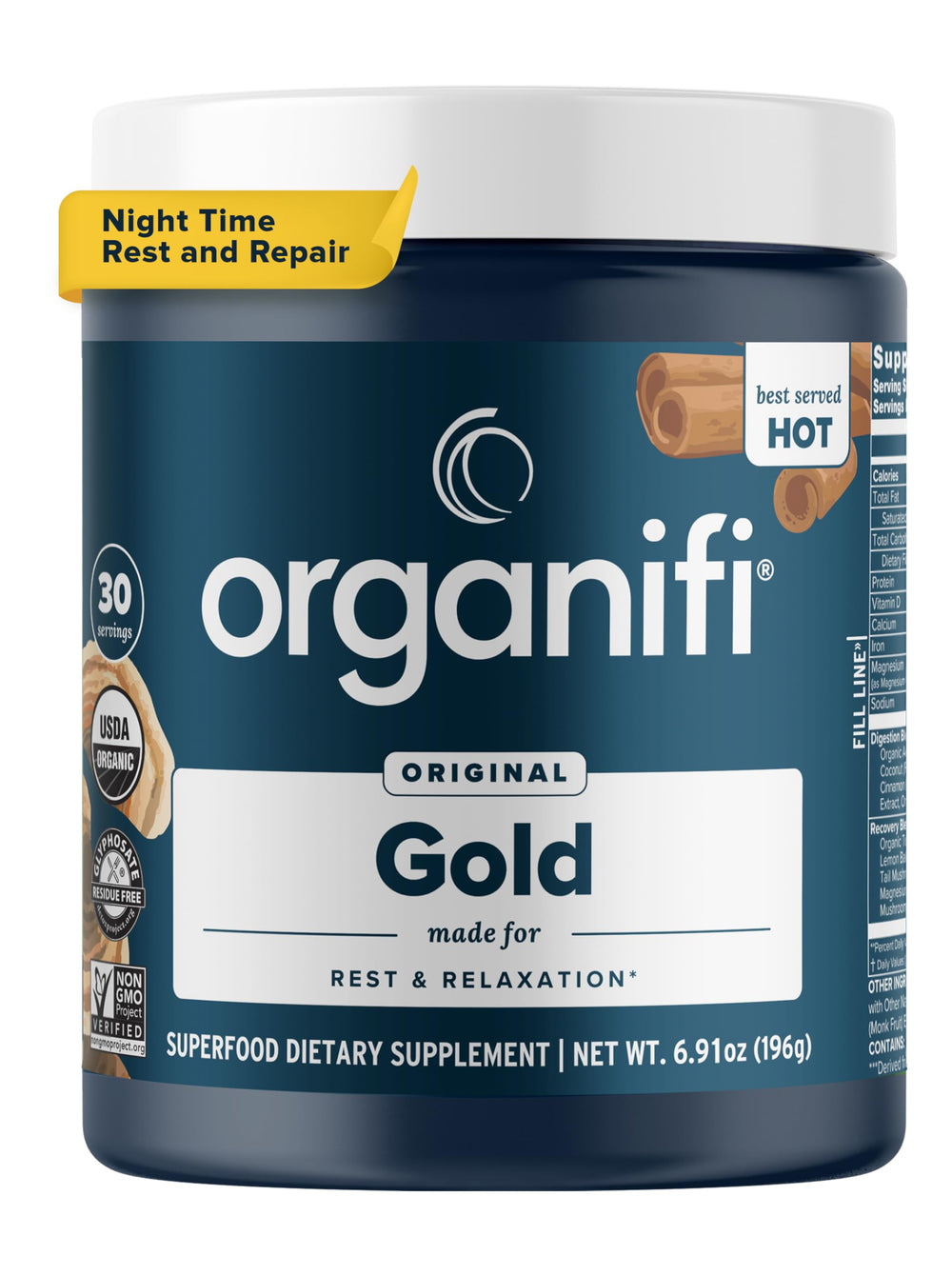 Organifi Gold tin with steaming cup for an evening relaxation ritual.