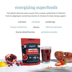 Organifi Red Juice with lemon and mushrooms supporting digestion.