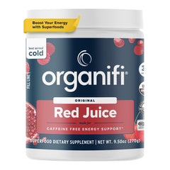 Organifi Red Juice bottle serving energized moments with no caffeine crash.