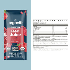 Organifi Red Juice being added to a smoothie for an energy-forward drink.