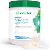 Organika collagen peptides powder being poured into a drink for easy absorption