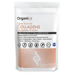 Organixx collagen peptides powder tub closeup for clean daily use