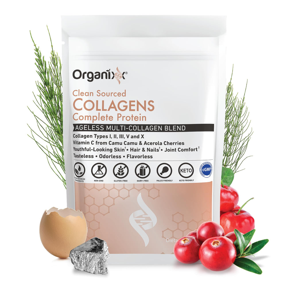 Organixx Collagen Bottle Label shows clean sourced collagen and vitamin C benefits.
