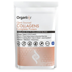 Organixx Collagen Powder scoop dispensing into a drink for daily use.