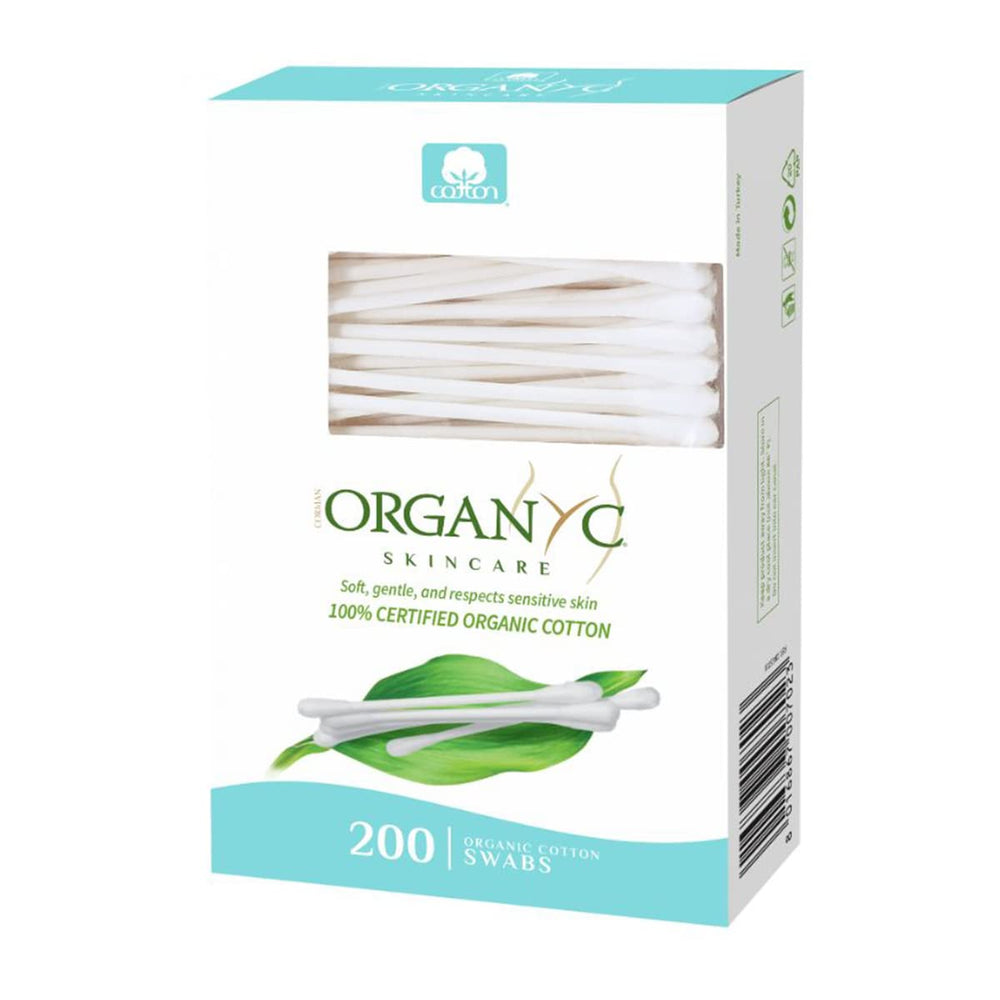 Organyc 100% organic cotton swabs with pure tips, ideal for gentle cosmetics.