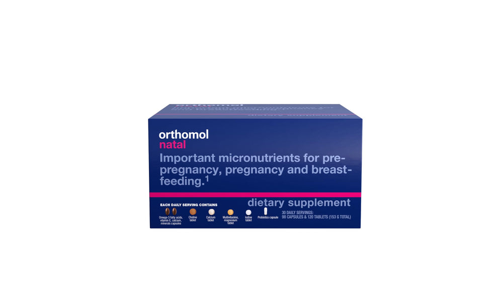 Orthomol Natal daily pack close-up for easy 30-day routine and convenience.