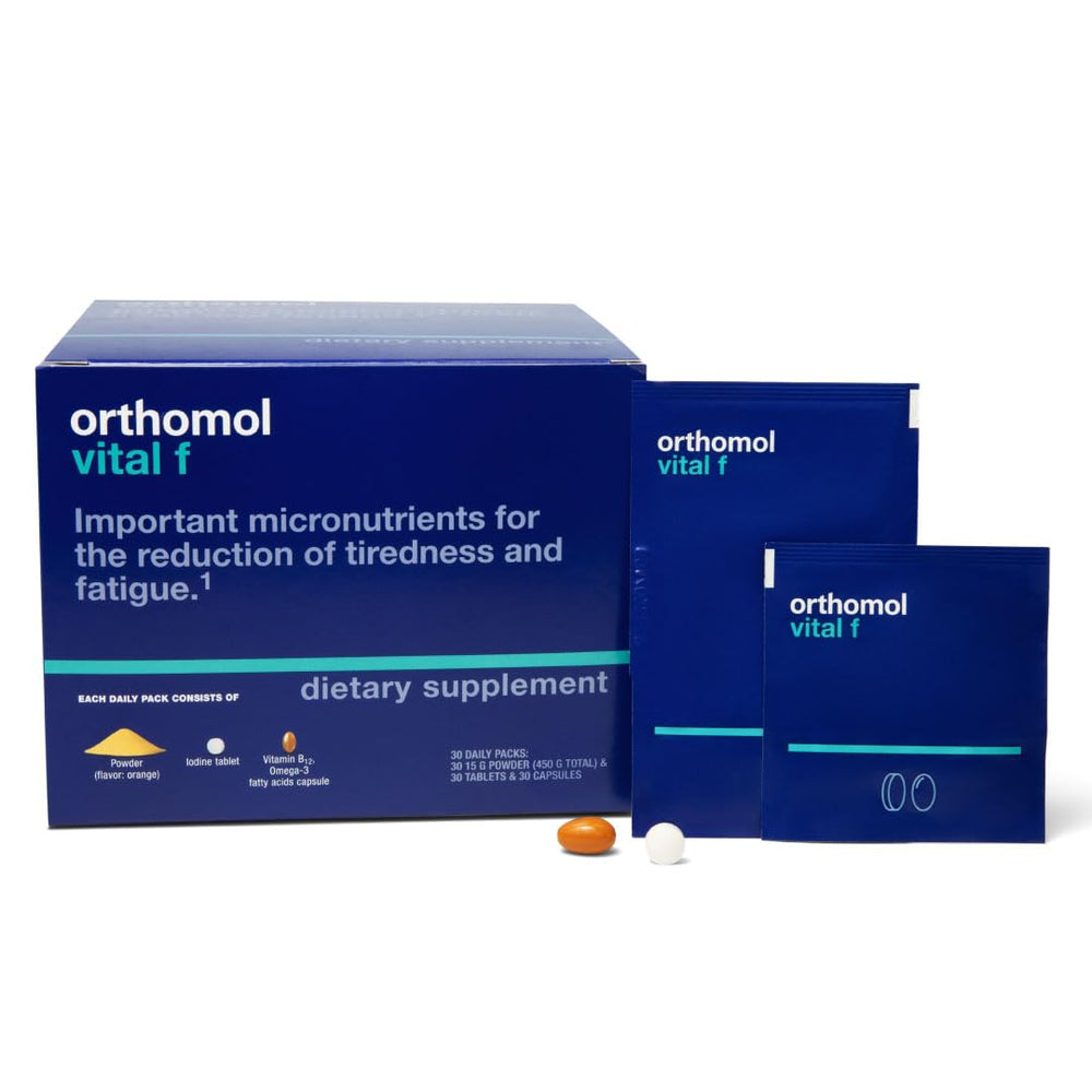 Orthomol Vital F powder packet front, supporting daily vitality for women