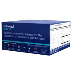 Orthomol Vital M bottle with tablets inside; convenient 30-day supply.