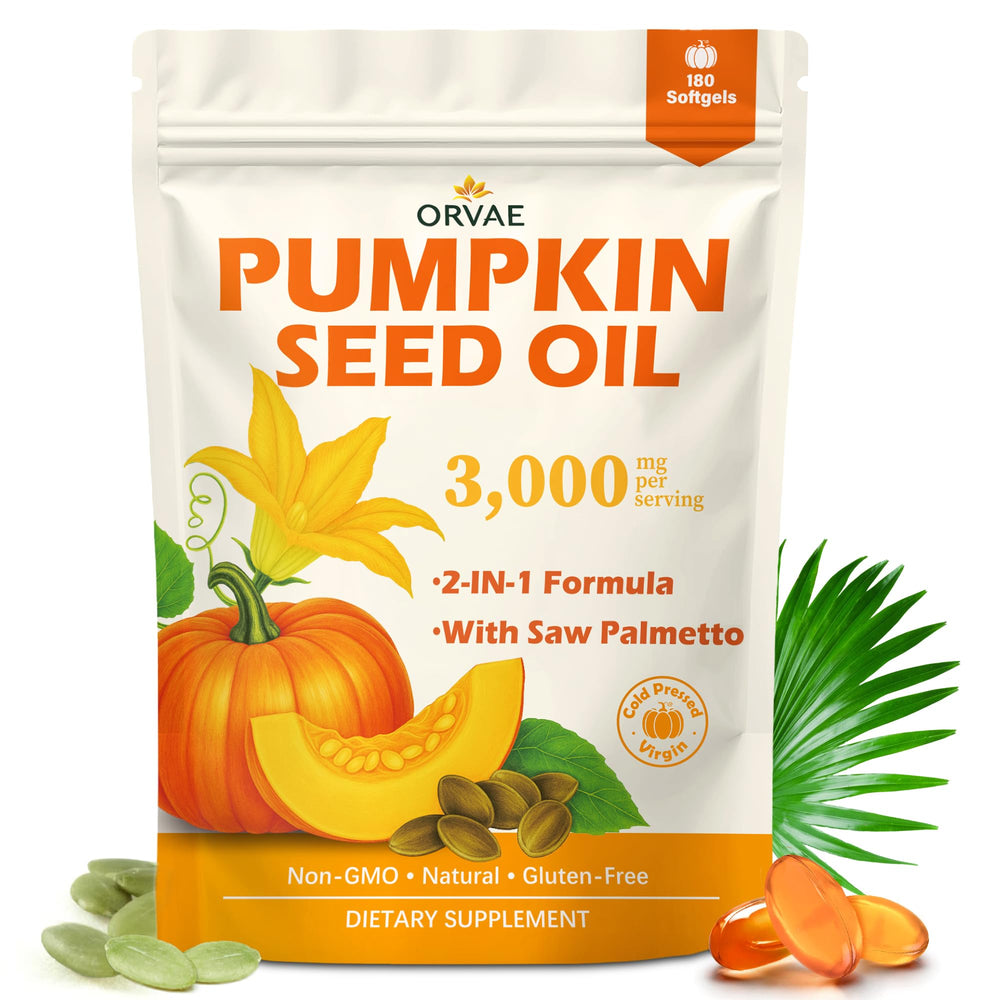 ORVAE pumpkin seed oil bottle shows a cold-pressed formula for daily wellness.