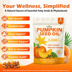 ORVAE saw palmetto extract softgels close-up illustrating the 2-in-1 blend.