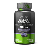 ORZAX Black Seed Oil softgel bottle close-up for daily wellness.