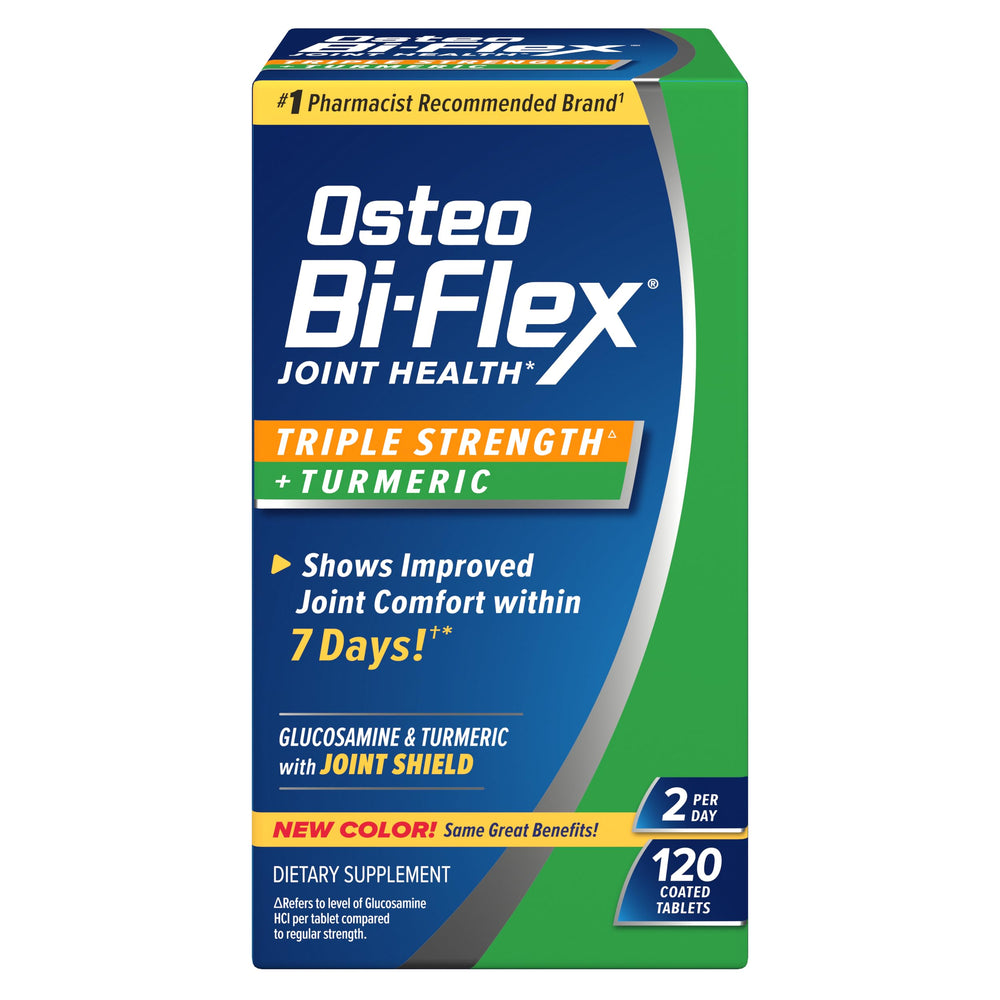 Osteo Bi-Flex bottle showing triple-strength glucosamine and turmeric for joint comfort