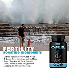 ONL Conquer capsules on tray with maca root tribulus and saw palmetto imagery