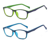 Outray kids anti blue light glasses with rectangle frame and blue-green accents for screen-time comfort.