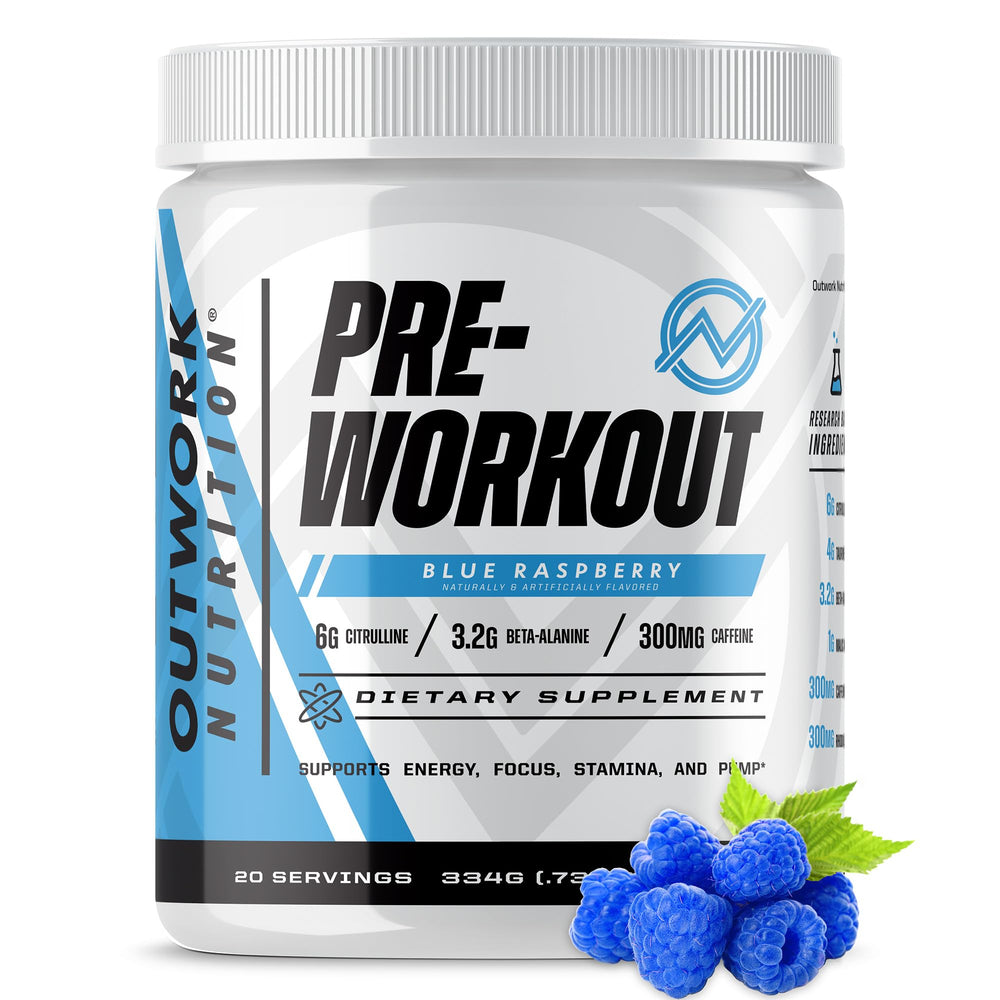 Outwork Nutrition preworkout bottle in blue raspberry flavor for energized training