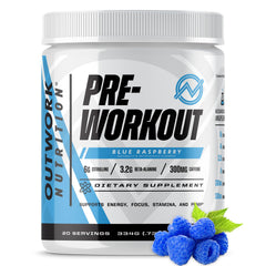 Outwork Nutrition preworkout bottle in blue raspberry flavor for energized training