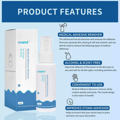 Ovand Adhesive Remover Spray applying to skin near ostomy area for gentle residue removal