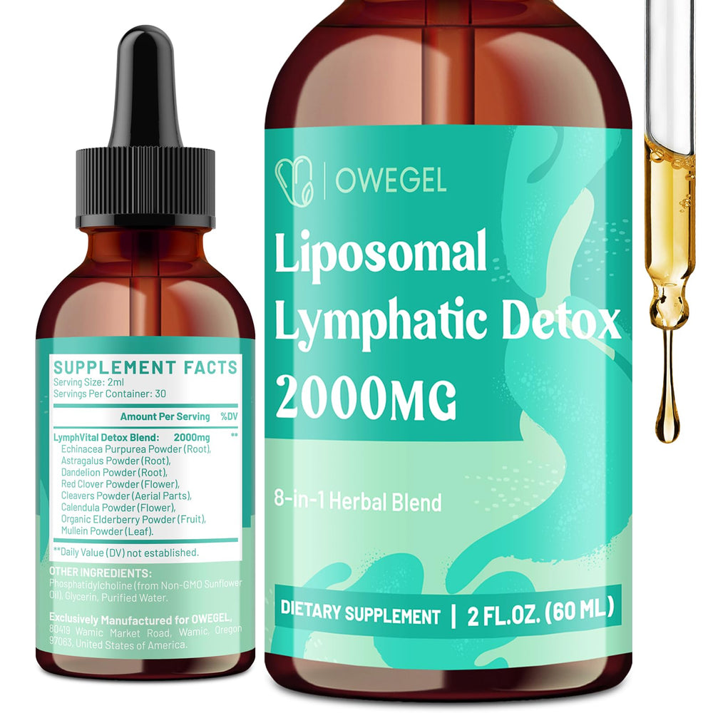 Owegel Liposomal Lymphatic Drainage Drops bottle on display, suggesting portable immune-support potential.