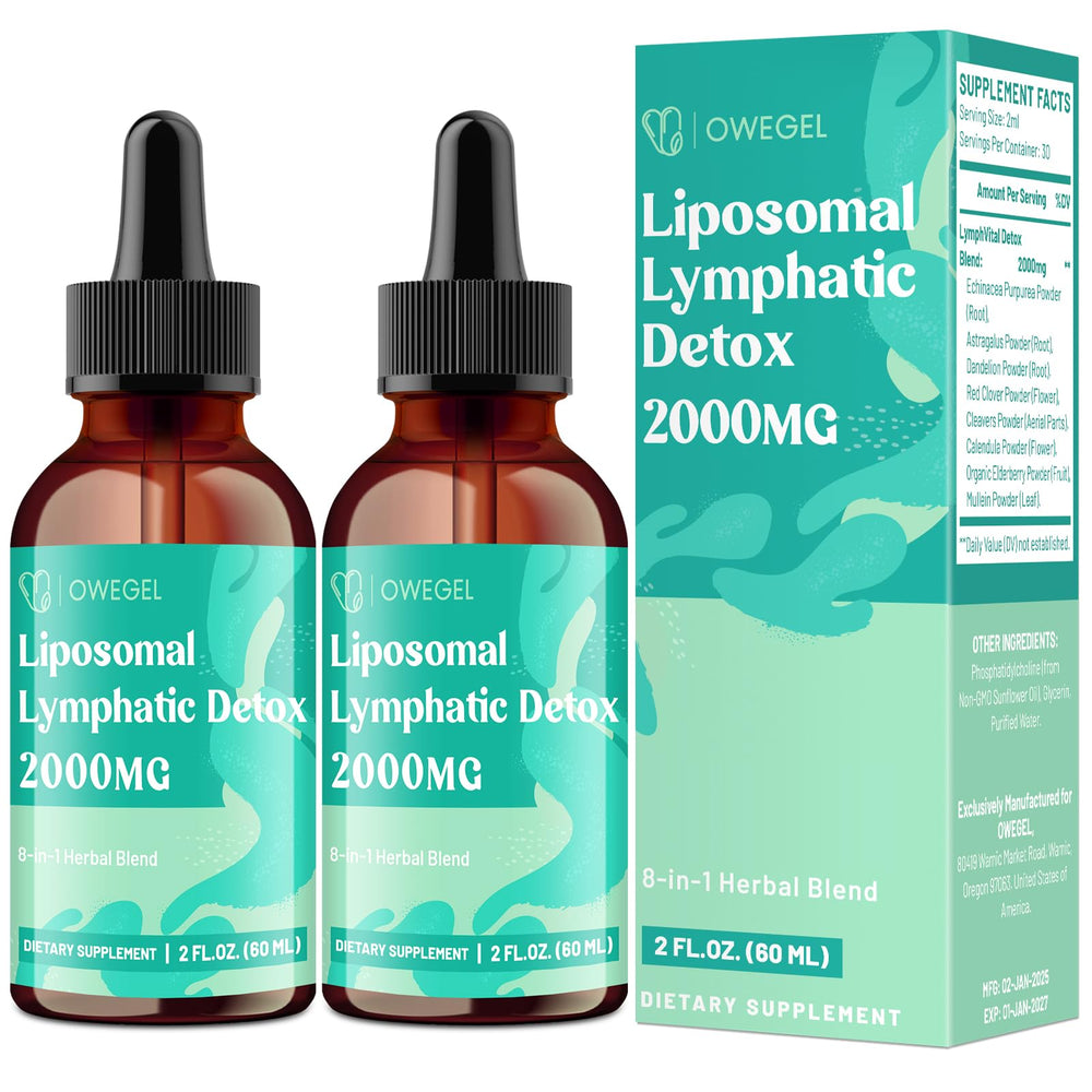 Owegel Liposomal Lymphatic Drops bottle on wood, showcasing alcohol-free, sugar-free formula for natural support.