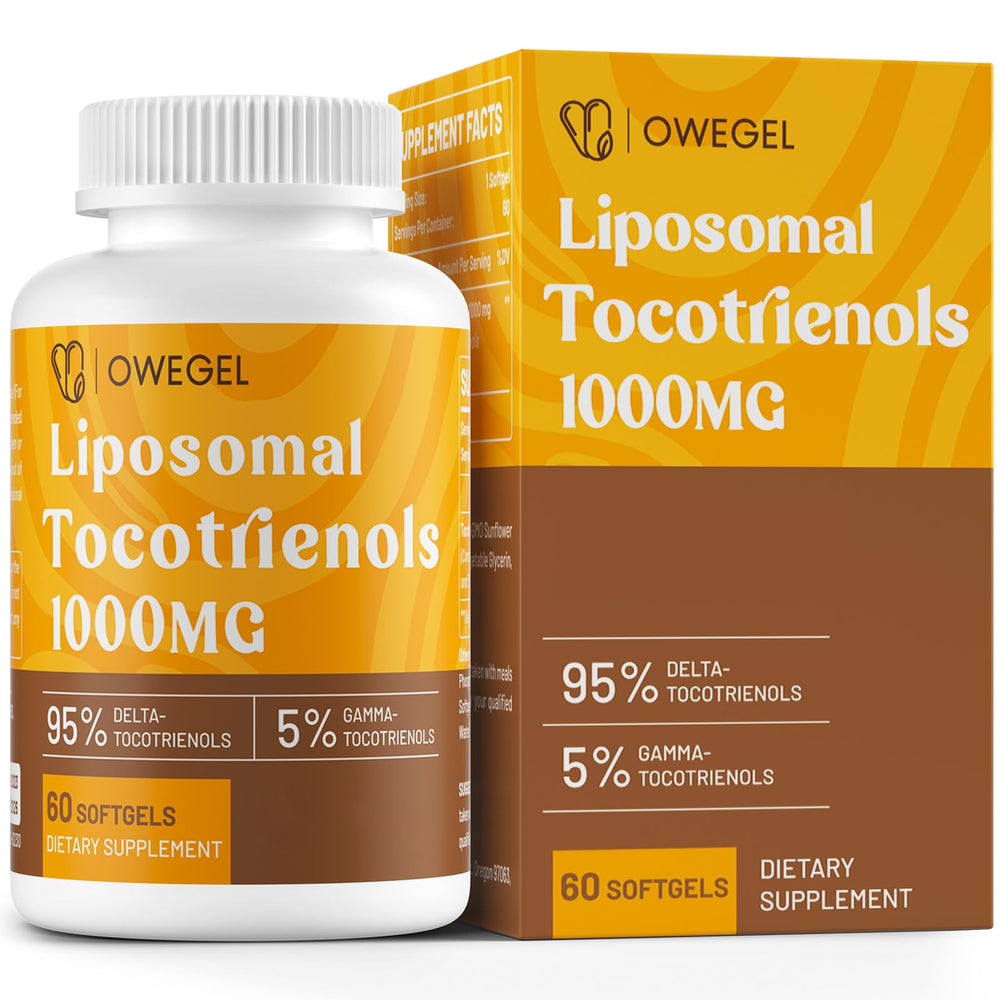 Owegel liposomal tocotrienols 1000mg bottle highlights high potency for daily antioxidant support.