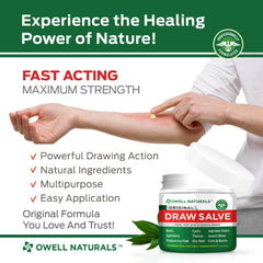 OWELL NATURALS Drawing Salve ingredients including tea tree oil for skin comfort.