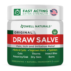 OWELL Naturals Drawing Salve jar close-up showing calming skin relief for boils and ingrown hairs.