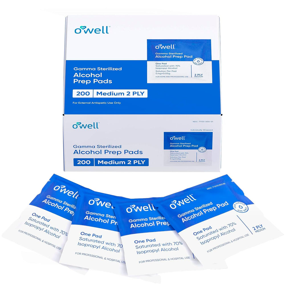 OWELL Prep Pads box shown, compact first-aid essential for on-the-go disinfection.
