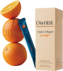 Ownist triple collagen liquid packets on the go in orange flavor, convenient daily skin support.