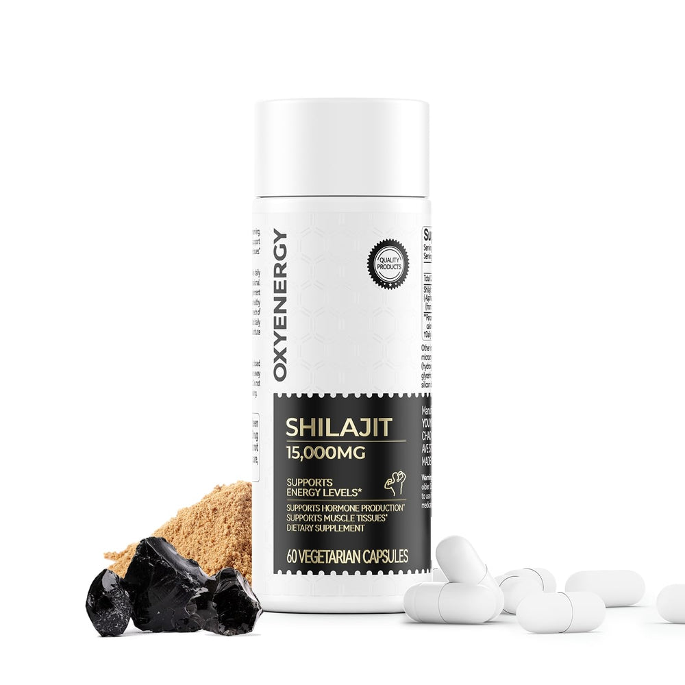 OxyEnergy Shilajit Capsules bottle front showing daily energy support