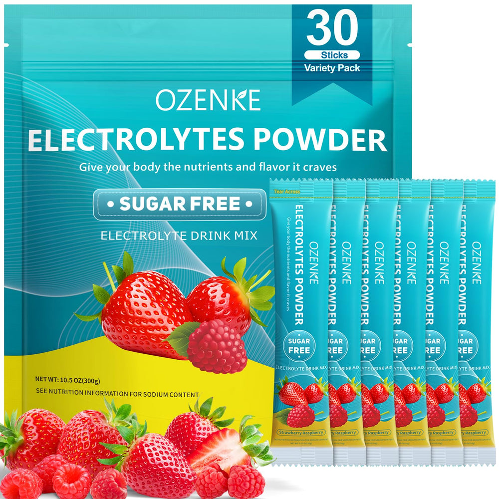 OZENKE electrolytes packets in strawberry raspberry flavor for sugar-free hydration on the go