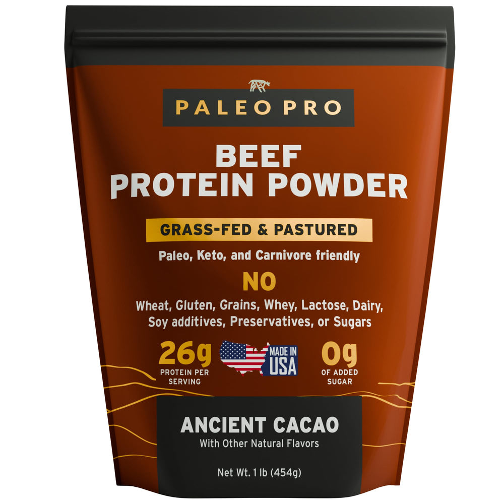 Paleo Pro beef protein powder canister highlights 26g serving for paleo and keto support.