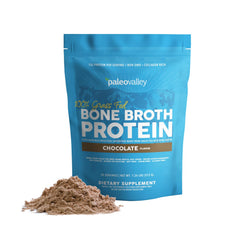 Paleovalley Beef Bone Broth Protein Powder chocolate tub showing 13g protein per serving