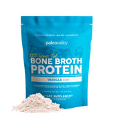 Paleovalley bone broth protein powder vanilla bottle on kitchen shelf for daily protein.