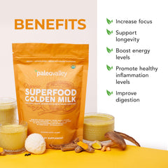 Paleovalley Golden Milk coconut powder ready to blend, boosts turmeric absorption.