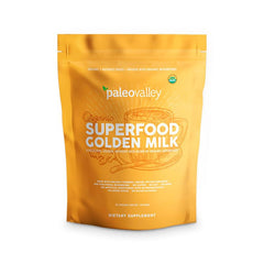 Paleovalley Golden Milk bottle with turmeric and mushrooms, signaling full-spectrum nutrition.