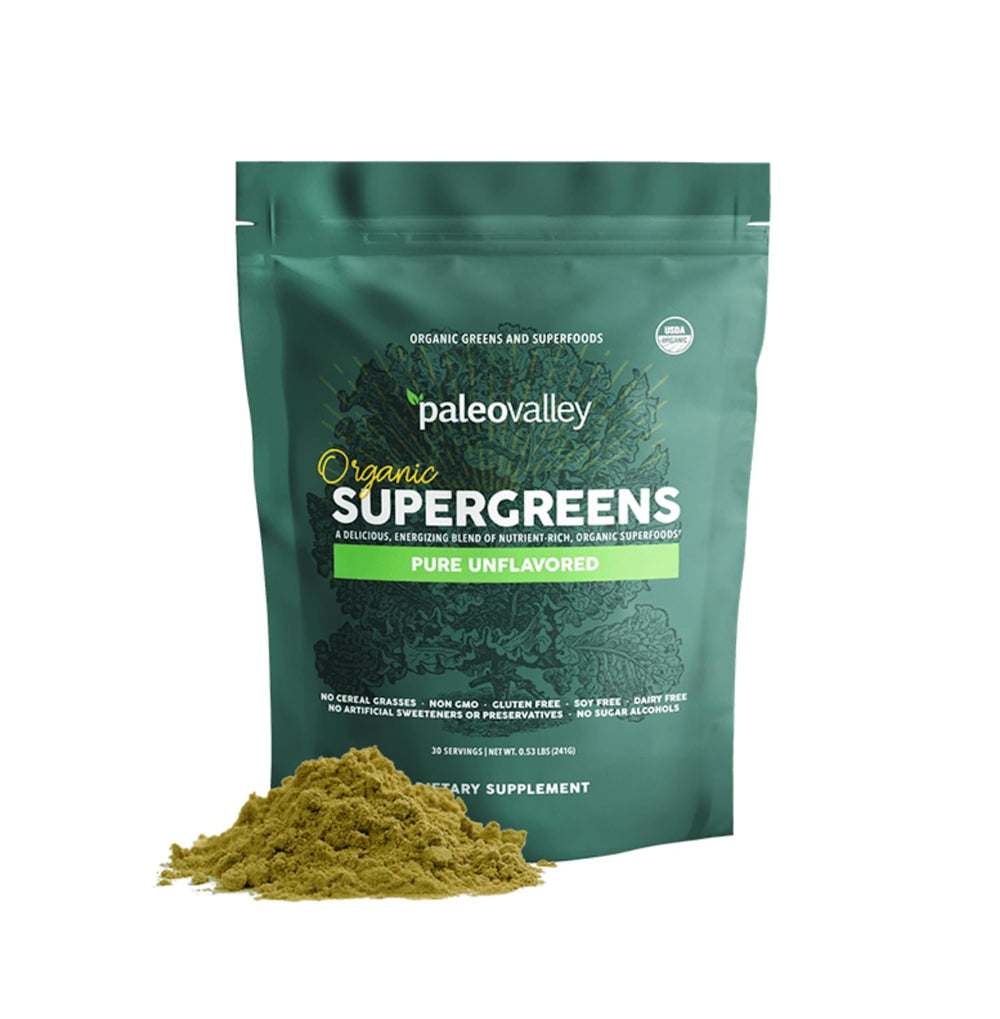 Paleovalley Organic Supergreens pour into a glass for a refreshing energy boost.