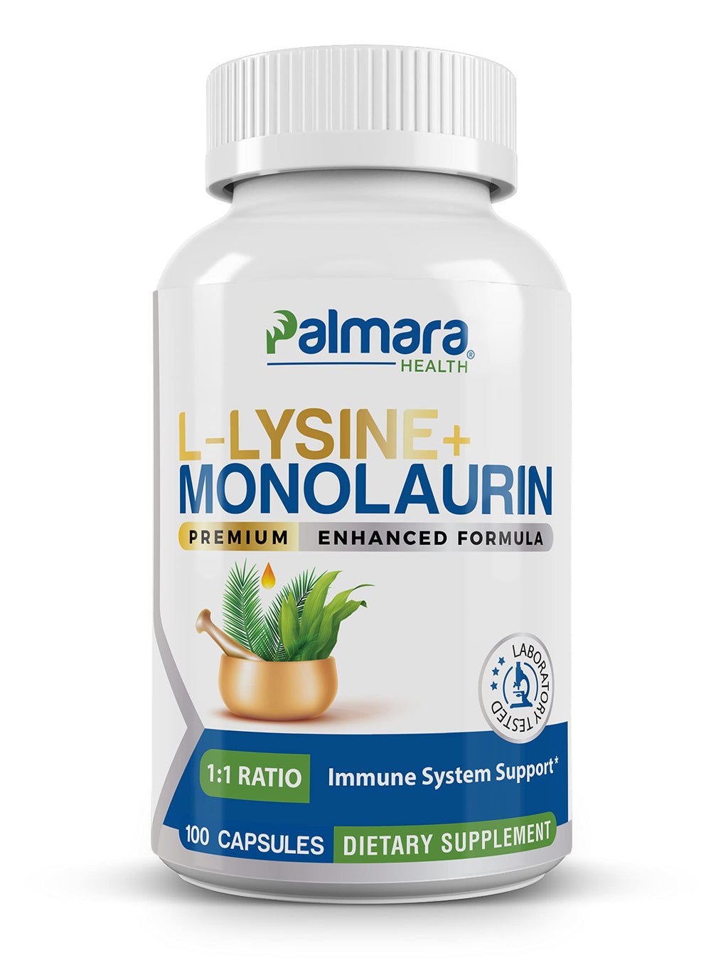 Palmara Health L-Lysine + Monolaurin bottle shows 1:1 ratio for balanced dosing.