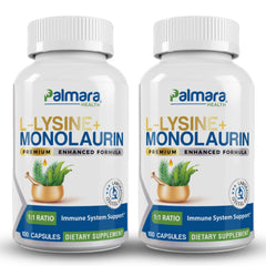 Palmara Health L-Lysine + Monolaurin bottle shows 600mg per serving for daily wellness.