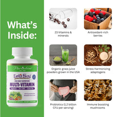Paradise Herbs Earth's Blend label closeup highlighting organic ingredients and methylated vitamins